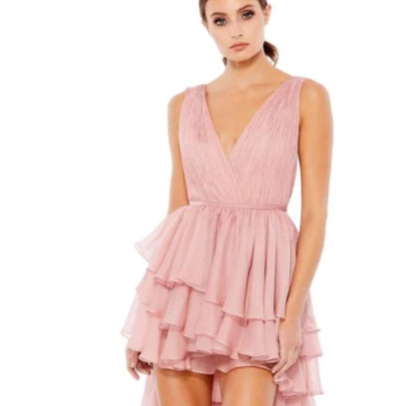 MAC DUGGAL TIERED RUFFLE CHIFFON HIGH LOW ROSE PINK GOWN sz 12